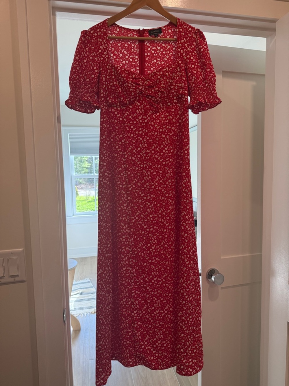 Bardot Red Floral Maxi Dress with Puff Sleeves
